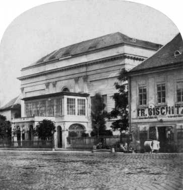 A rgi Nemzeti (Pesti Magyar) Sznhz a Rkczi t s a Mzeum krt sarkn, 1860-as vek, sztere felvtel